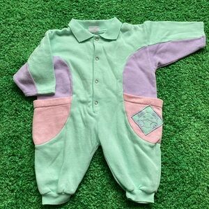 Vintage Pastel Green and Purple Kids with bear print, Romper One Piece